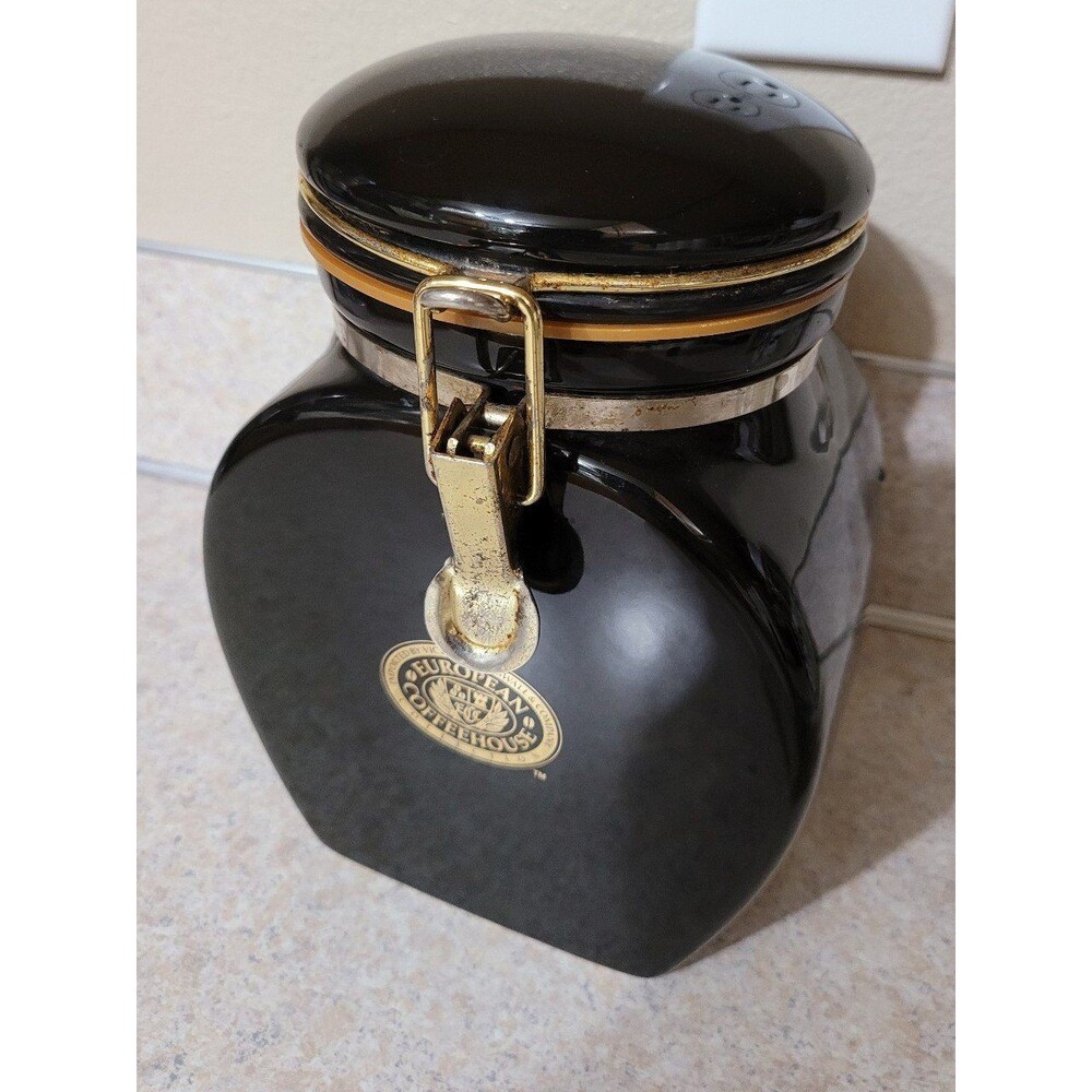 Vintage European Coffee House Collection Canister Black Ceramic Gold Trim - Picture 3 of 10